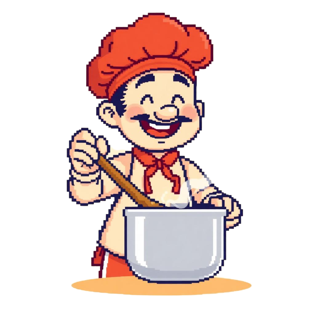 Pixel-art chef stirring a pot